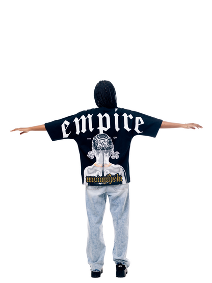 Empire graphic oversized tshirt black at unseen grail. local brands south africa. streetwear. men and women. studio image female model back image