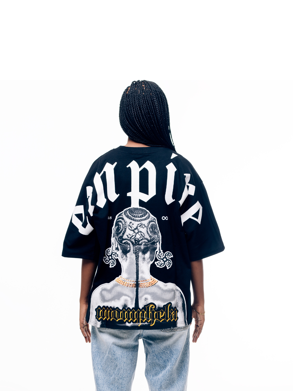 Empire graphic oversized tshirt black at unseen grail. local brands south africa. streetwear. men and women. studio image female model back view