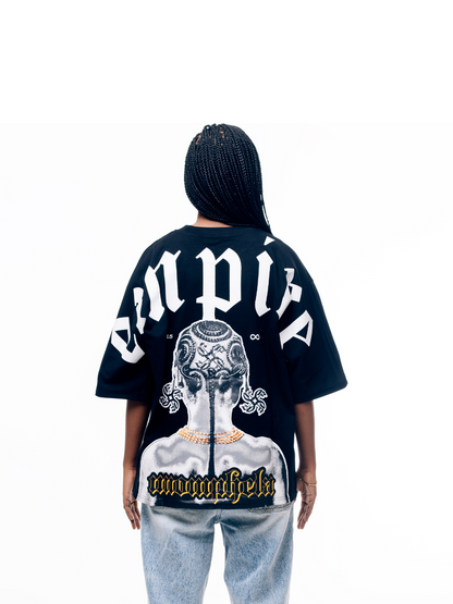Empire graphic oversized tshirt black at unseen grail. local brands south africa. streetwear. men and women. studio image female model back view