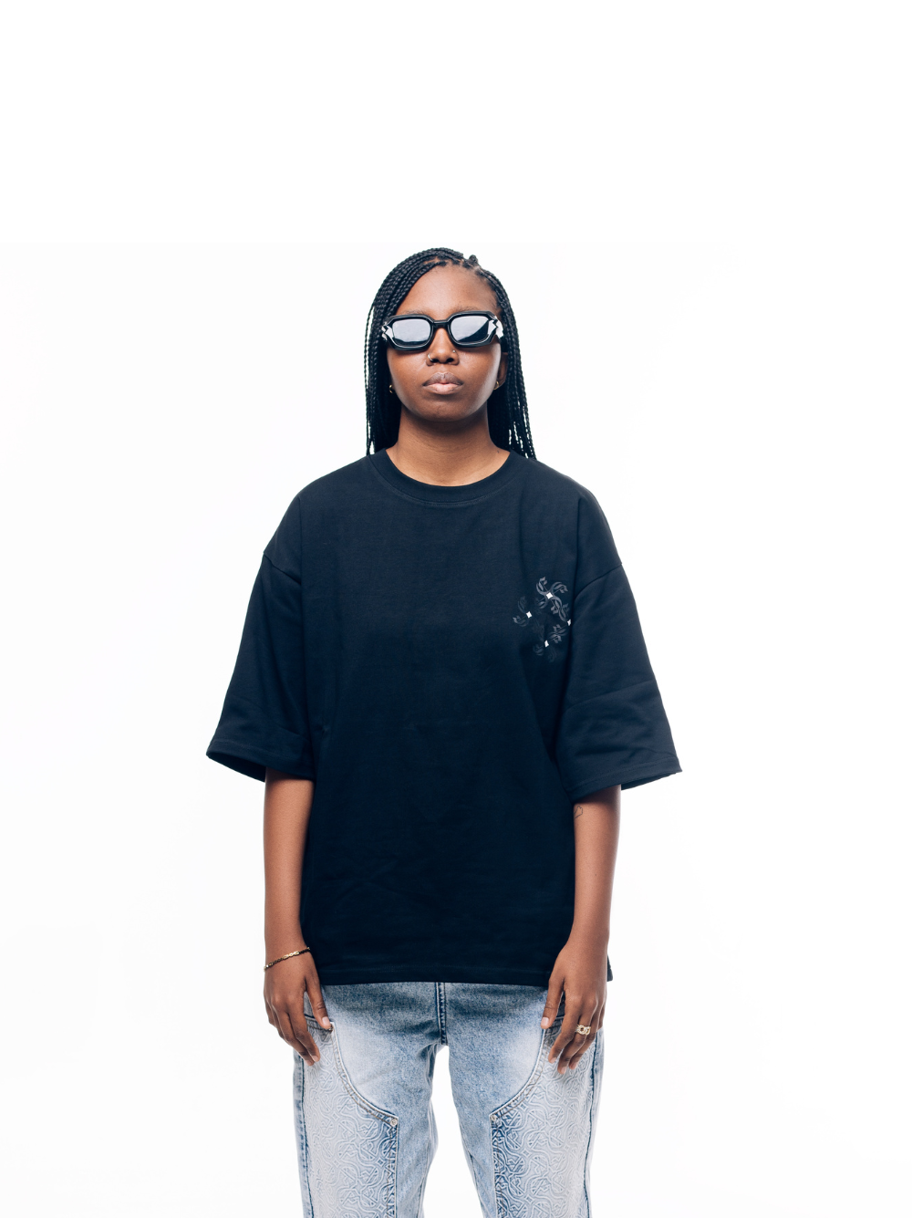 Empire graphic oversized tshirt black at unseen grail. local brands south africa. streetwear. men and women. studio image female model front