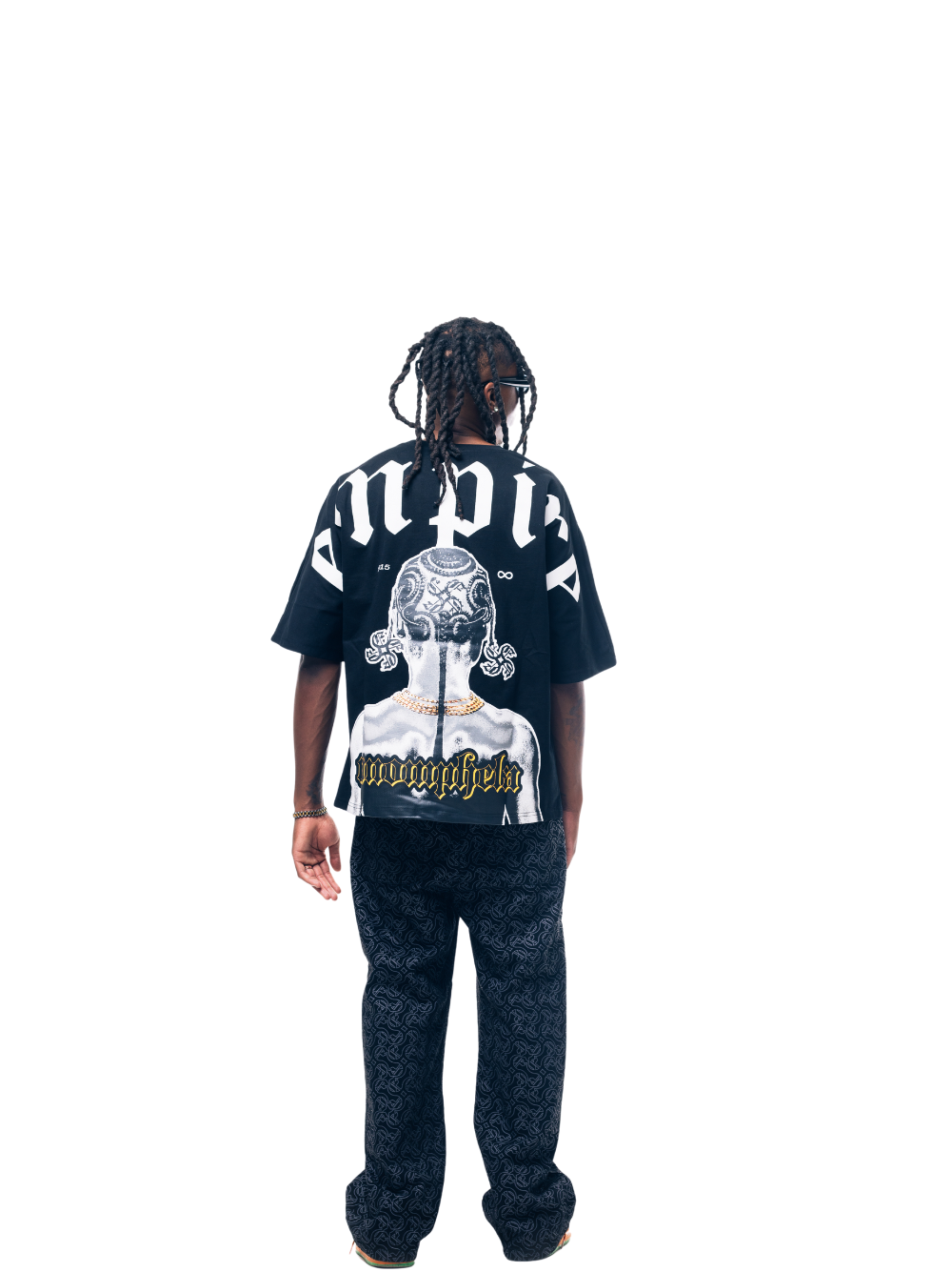 Empire graphic oversized tshirt black at unseen grail. local brands south africa. streetwear. men and women. studio image male model back image full
