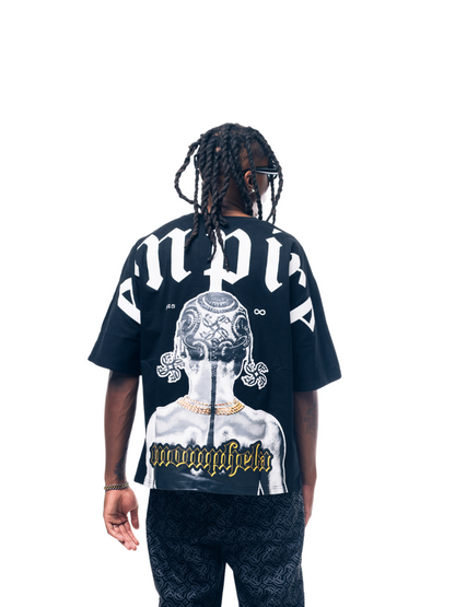 Empire graphic oversized tshirt black at unseen grail. local brands south africa. streetwear. men and women. studio image male model back view