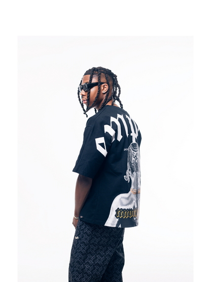 Empire graphic oversized tshirt black at unseen grail. local brands south africa. streetwear. men and women. studio image male model side
