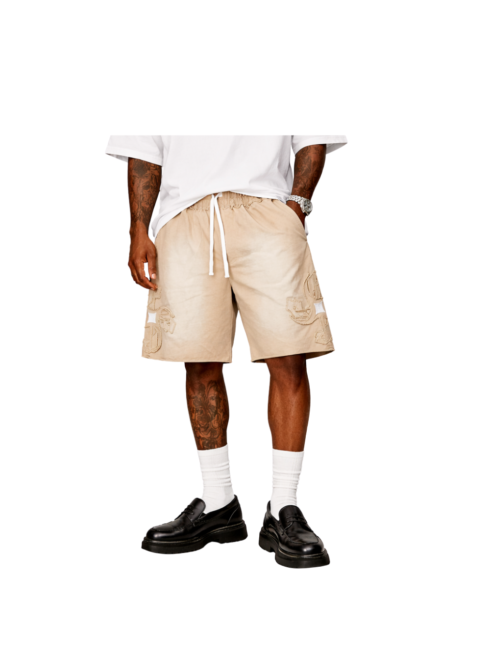 Empire heavyweight shorts cream at unseen grail. local brands south africa. streetwear. men and women. studio image front male