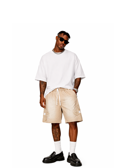 Empire heavyweight shorts cream at unseen grail. local brands south africa. streetwear. men and women. studio image front male 1
