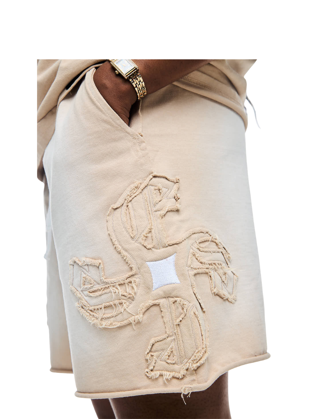 Empire heavyweight shorts cream at unseen grail. local brands south africa. streetwear. men and women. studio image side