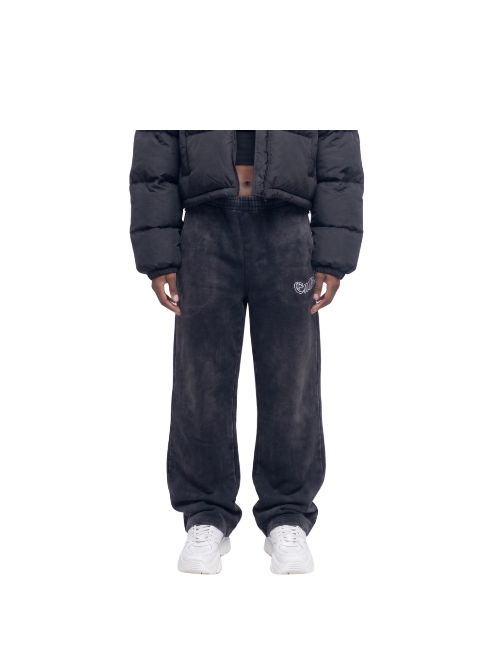 Empire oversized sweatpants at unseen grail. local brands south africa. streetwear. men and women. women close up