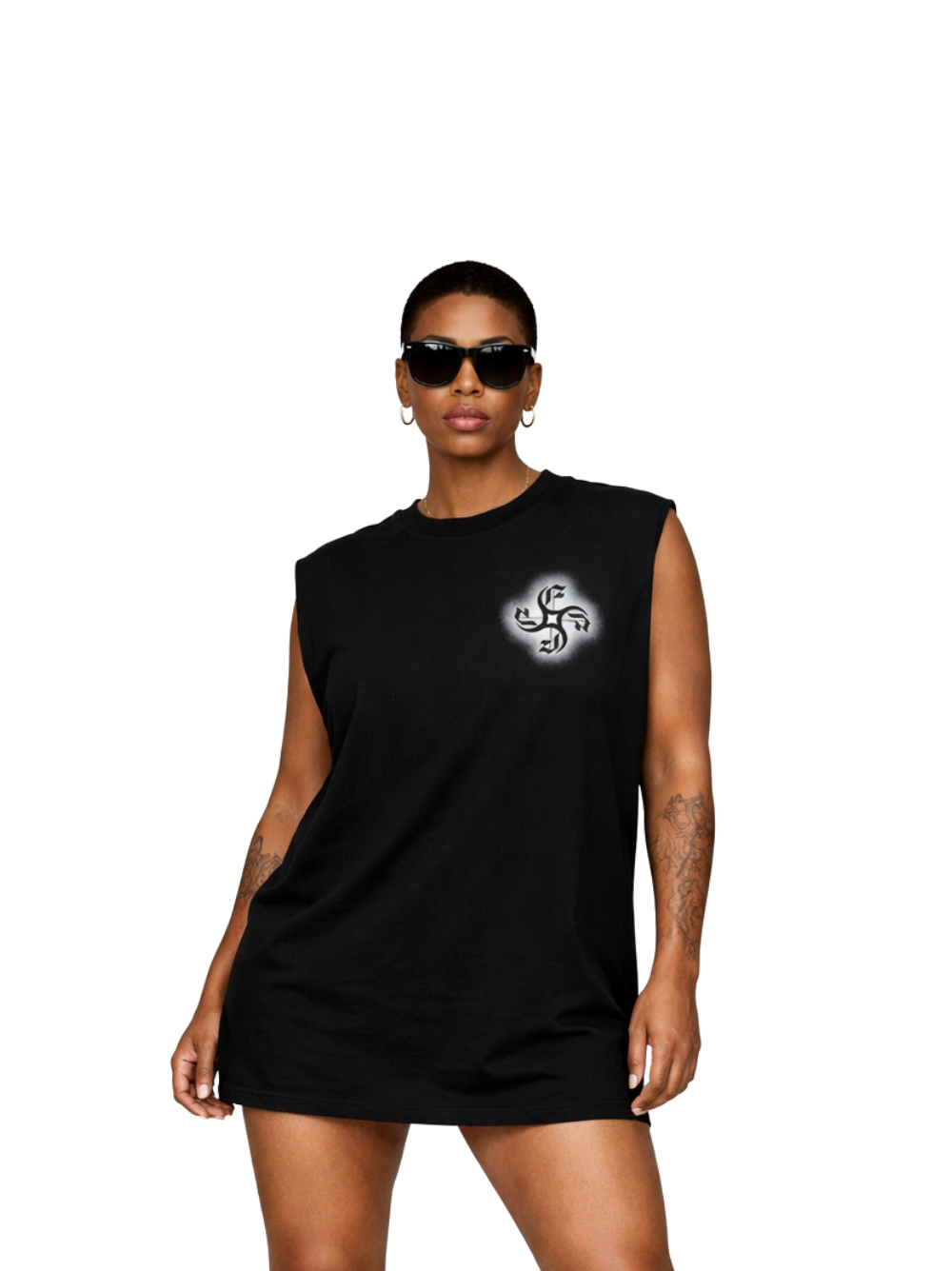 Empire oversized vest black at unseen grail. local brands south africa. streetwear. men and women. studio image female model