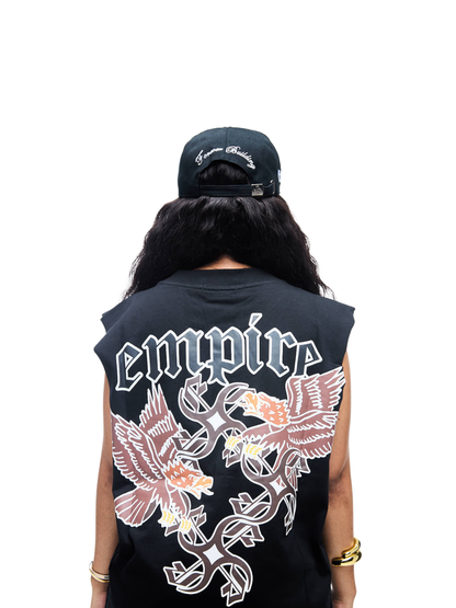 Empire oversized vest black at unseen grail. local brands south africa. streetwear. men and women. studio image female model back view