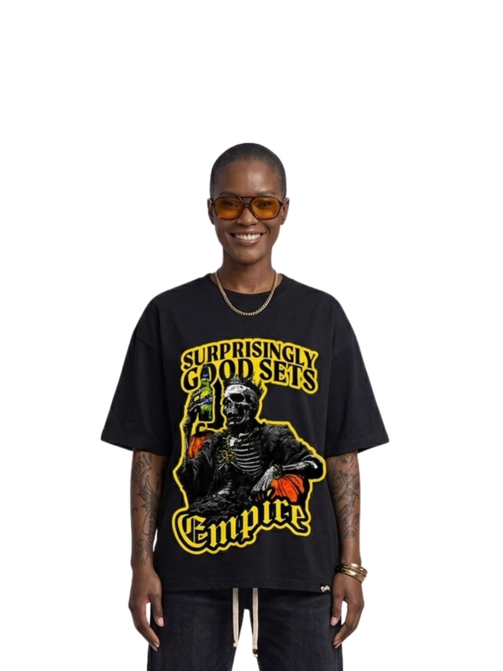 Empire oversized vest black at unseen grail. local brands south africa. streetwear. men and women. studio image female model flying fish