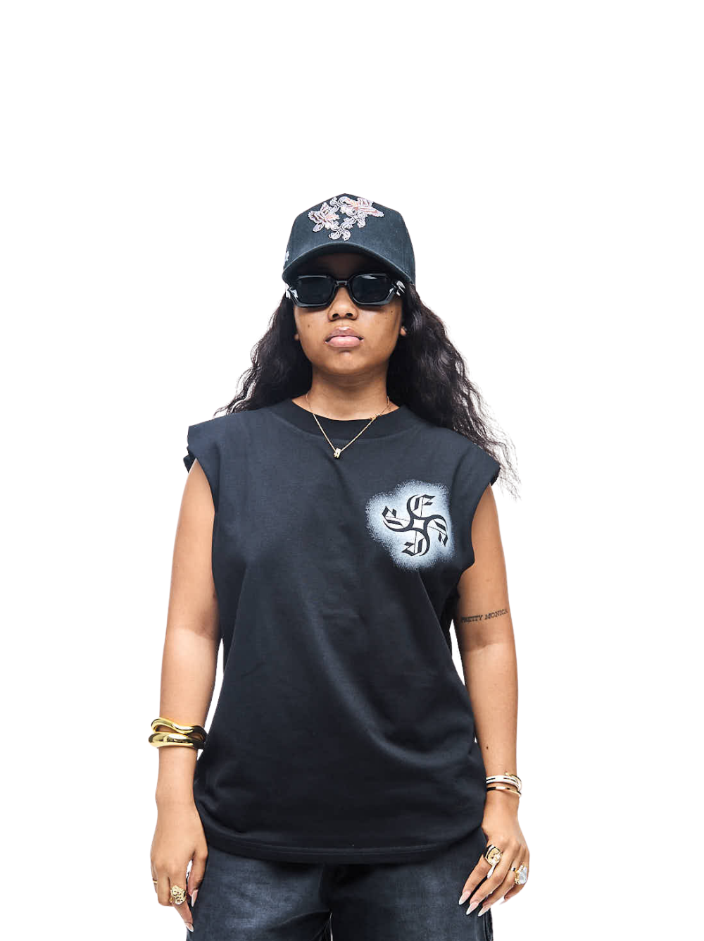 Empire oversized vest black at unseen grail. local brands south africa. streetwear. men and women. studio image female model front view