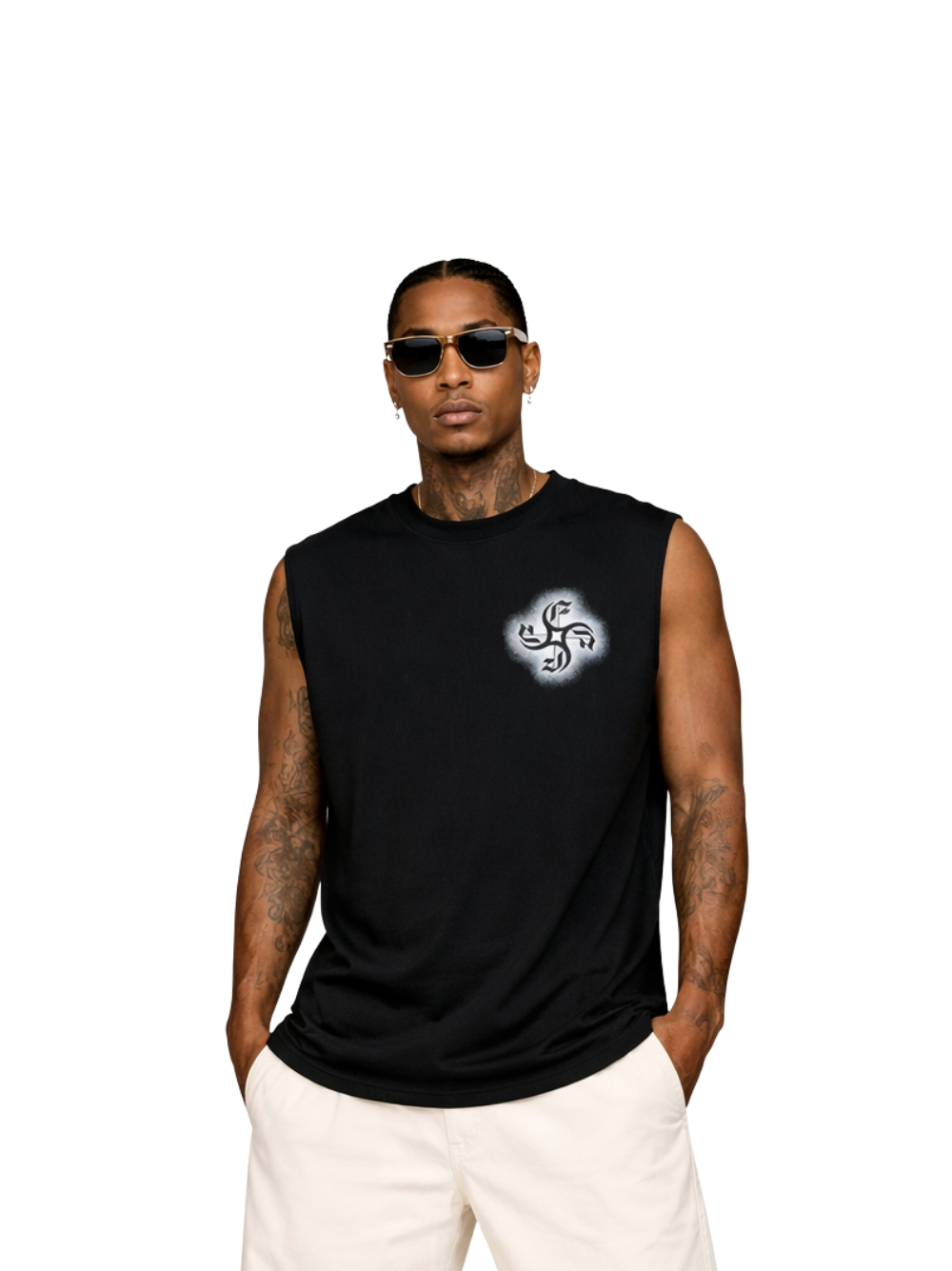 Empire oversized vest black at unseen grail. local brands south africa. streetwear. men and women. studio image male model