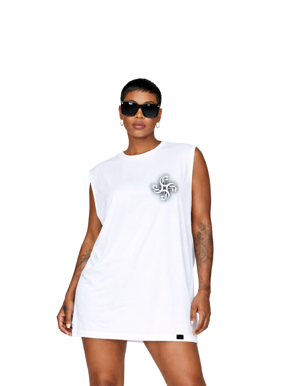 Empire oversized vest white at unseen grail. local brands south africa. streetwear. men and women. studio image female model