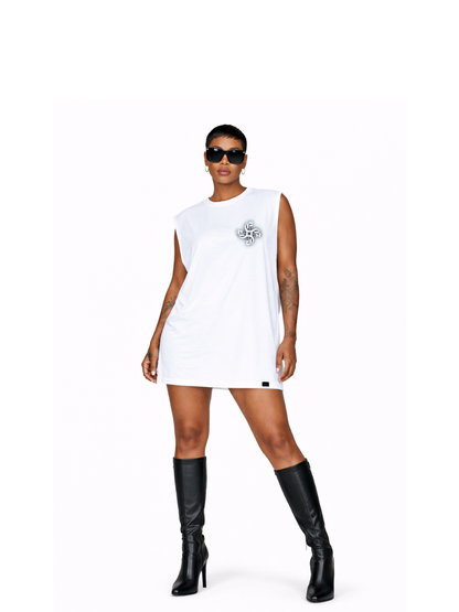 Empire oversized vest white at unseen grail. local brands south africa. streetwear. men and women. studio image female model front view