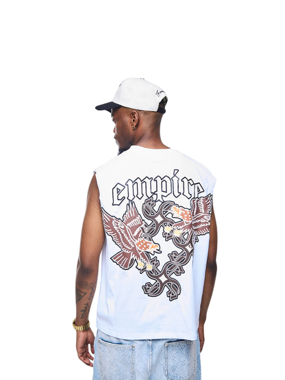 Empire oversized vest white at unseen grail. local brands south africa. streetwear. men and women. studio image male model