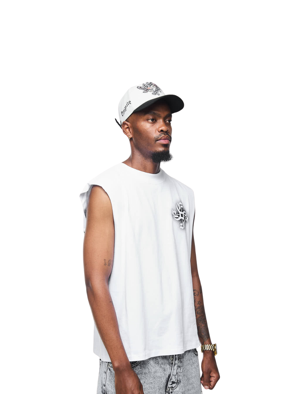 Empire oversized vest white at unseen grail. local brands south africa. streetwear. men and women. studio image male model front side view