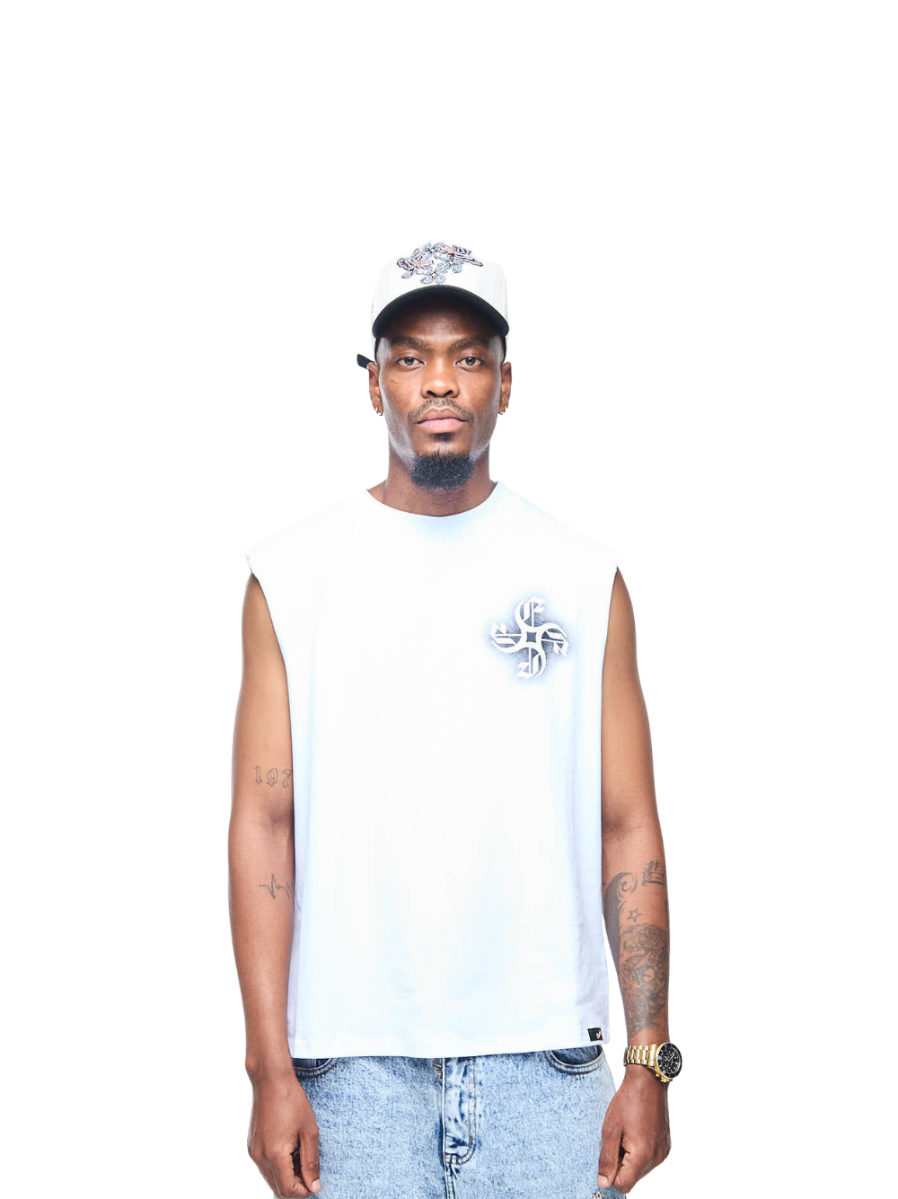 Empire oversized vest white at unseen grail. local brands south africa. streetwear. men and women. studio image male model front view