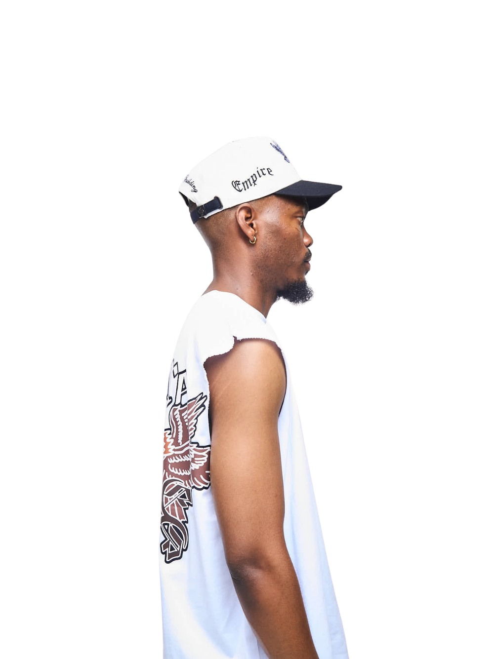 Empire oversized vest white at unseen grail. local brands south africa. streetwear. men and women. studio image male model side view