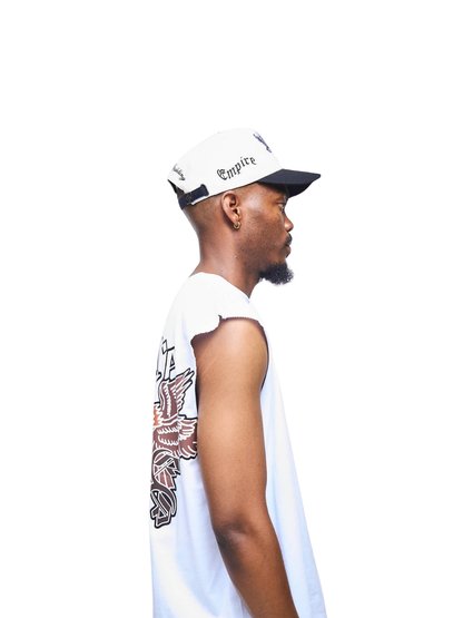 Empire oversized vest white at unseen grail. local brands south africa. streetwear. men and women. studio image male model side view