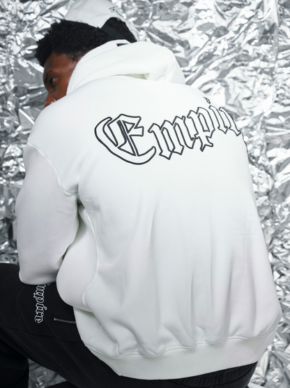 Empire white oversized graphic hoodie at unseen grail. local brands south africa. streetwear. men and women. studio image close up behind male model