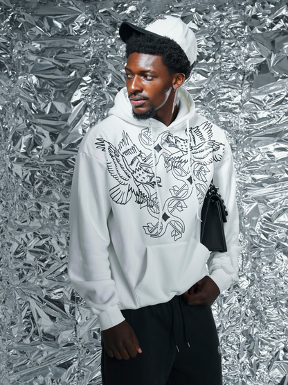 Empire white oversized graphic hoodie at unseen grail. local brands south africa. streetwear. men and women. studio image close up front male model
