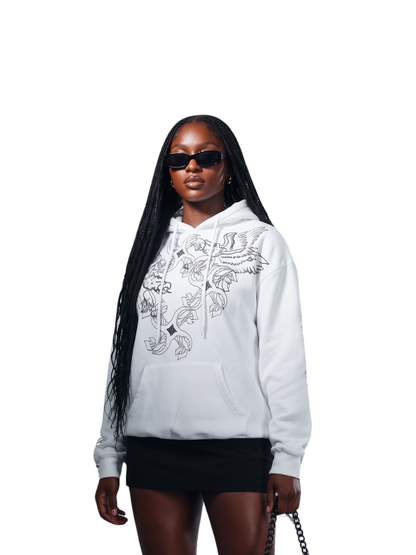 Empire white oversized graphic hoodie at unseen grail. local brands south africa. streetwear. men and women. studio image female model front