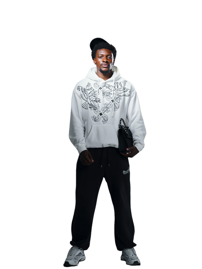 Empire white oversized graphic hoodie at unseen grail. local brands south africa. streetwear. men and women. studio image full outfit men