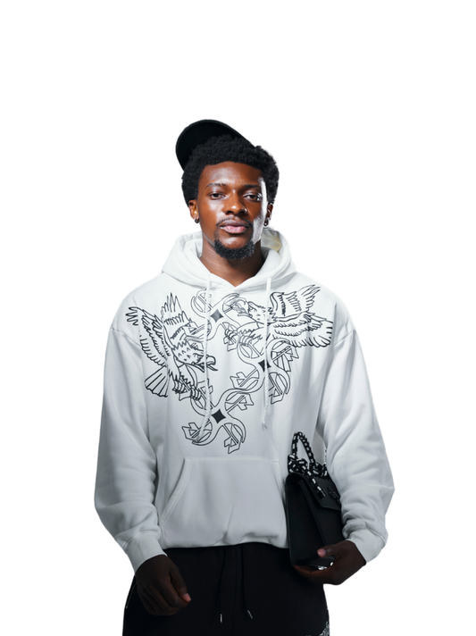 Empire white oversized graphic hoodie at unseen grail. local brands south africa. streetwear. men and women. studio image male model front viw