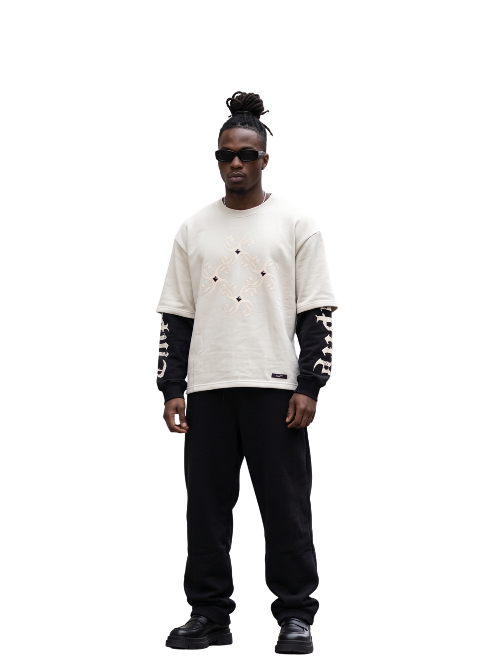 Empire white oversized graphic long sleeve shirt at unseen grail. local brands south africa. streetwear. men and women. studio image male model full outfit