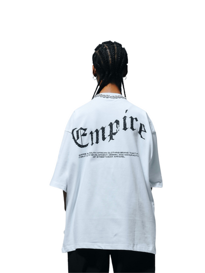 Empire white oversized graphic t shirt at unseen grail. local brands south africa. streetwear. men and women. studio image female back view