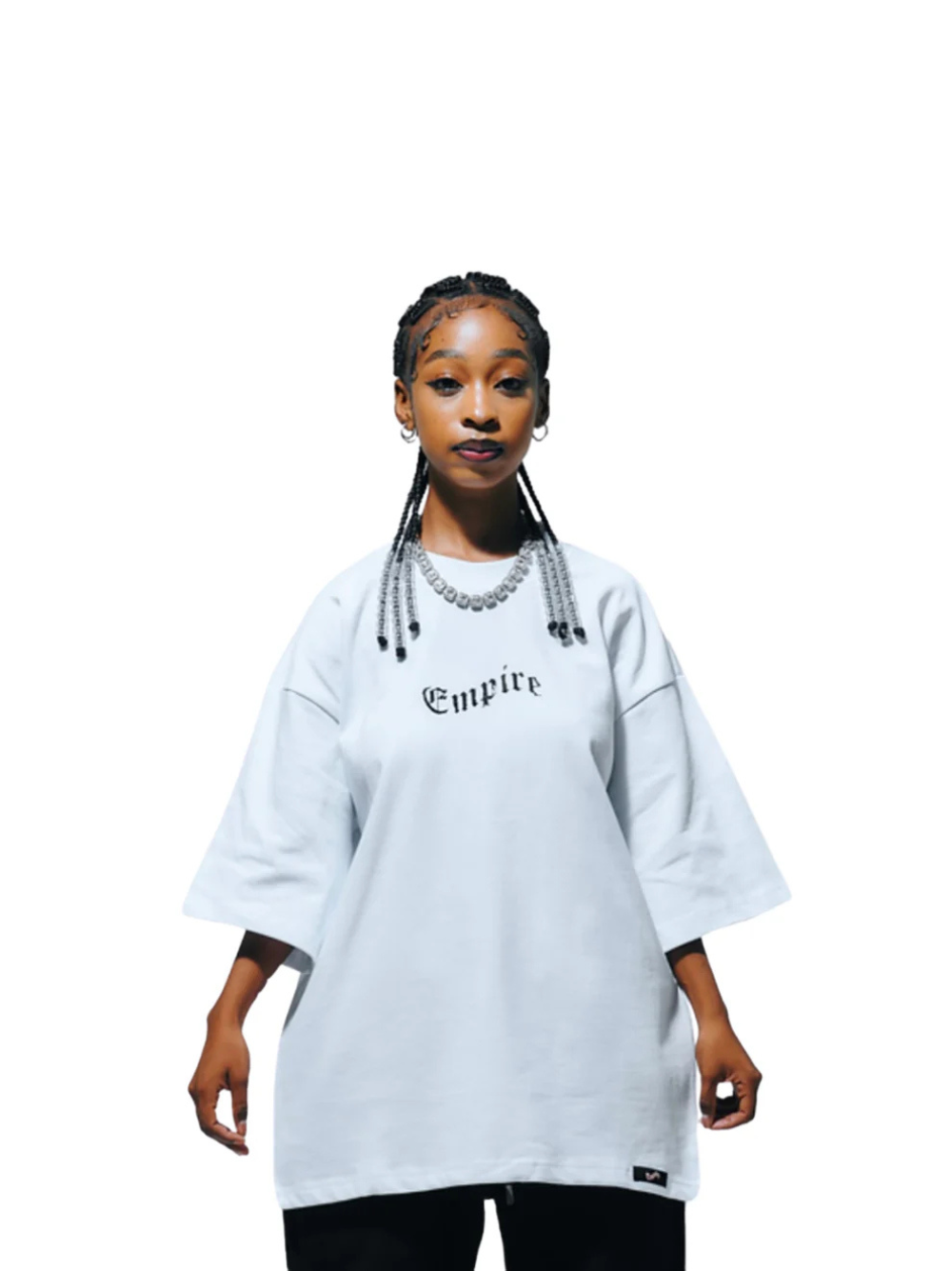 Empire white oversized graphic t shirt at unseen grail. local brands south africa. streetwear. men and women. studio image female model front view