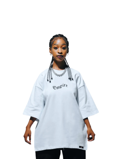 Empire white oversized graphic t shirt at unseen grail. local brands south africa. streetwear. men and women. studio image female model front view