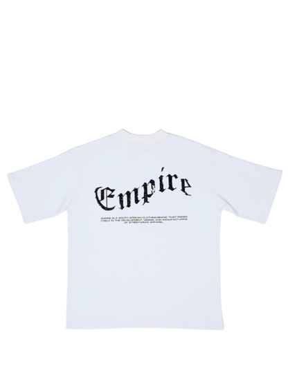 Empire white oversized graphic t shirt at unseen grail. local brands south africa. streetwear. men and women. studio image flatlay back view