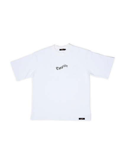 Empire white oversized graphic t shirt at unseen grail. local brands south africa. streetwear. men and women. studio image flatlay front view