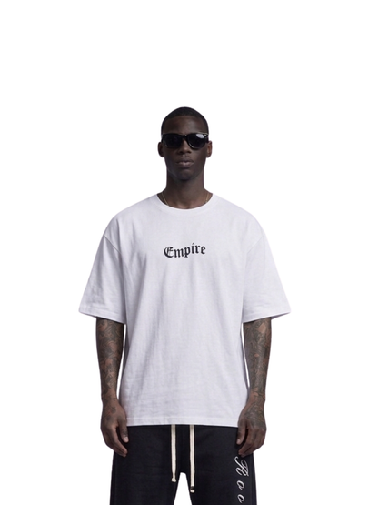 Empire white oversized graphic t shirt at unseen grail. local brands south africa. streetwear. men and women. studio image male model front view