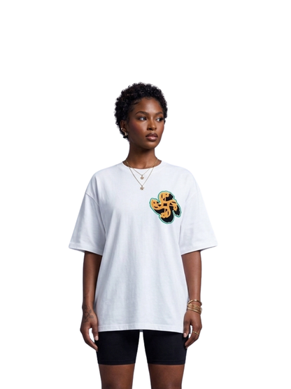 Empire white oversized graphic white tshirt at unseen grail. local brands south africa. streetwear. men and women. studio image female model front