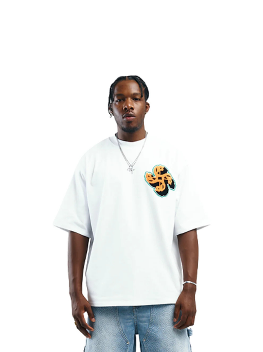 Empire white oversized graphic white tshirt at unseen grail. local brands south africa. streetwear. men and women. studio image male model front