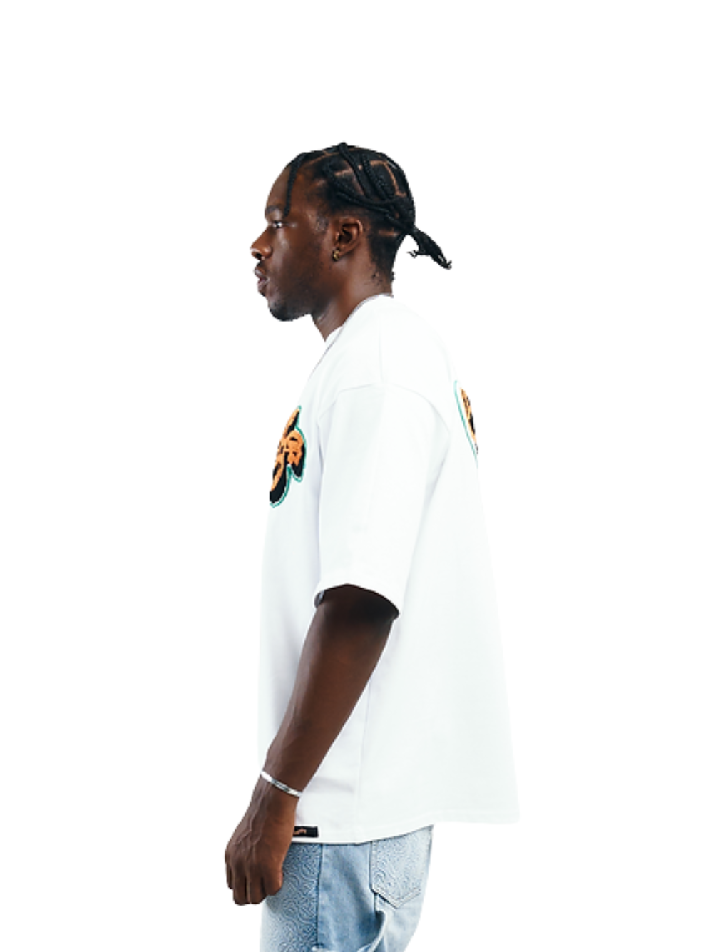 Empire white oversized graphic white tshirt at unseen grail. local brands south africa. streetwear. men and women. studio image male model side view
