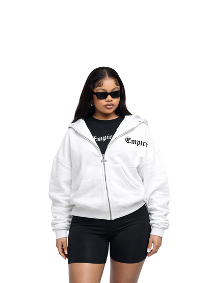 Empire white oversized zipper hoodie at unseen grail. local brands south africa. streetwear. men and women. studio image female model front side