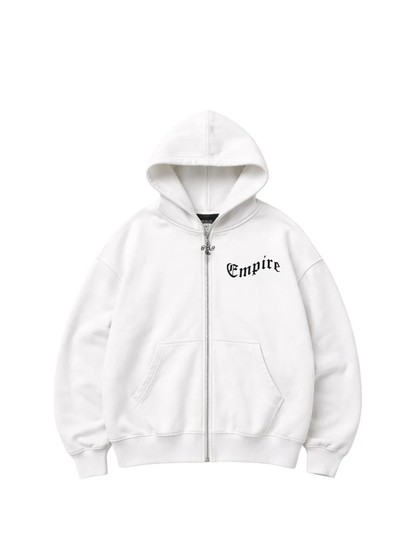 Empire white oversized zipper hoodie at unseen grail. local brands south africa. streetwear. men and women. studio image flatlay mock up front