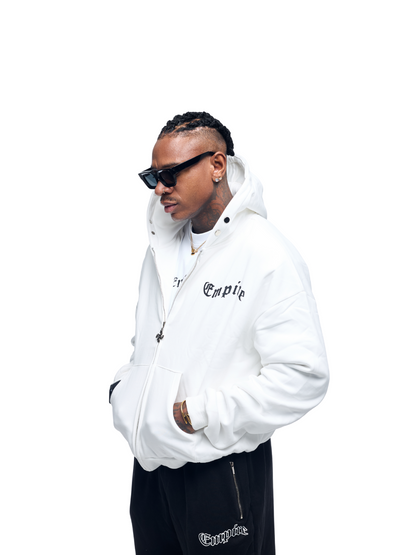 Empire white oversized zipper hoodie at unseen grail. local brands south africa. streetwear. men and women. studio image male model front side