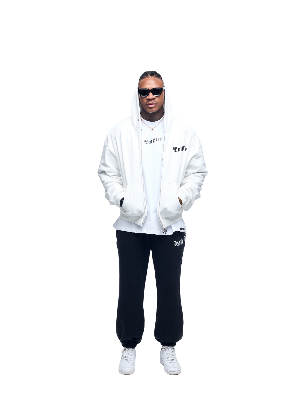 Empire white oversized zipper hoodie at unseen grail. local brands south africa. streetwear. men and women. studio image male model front view