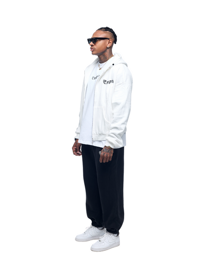 Empire white oversized zipper hoodie at unseen grail. local brands south africa. streetwear. men and women. studio image male model side view