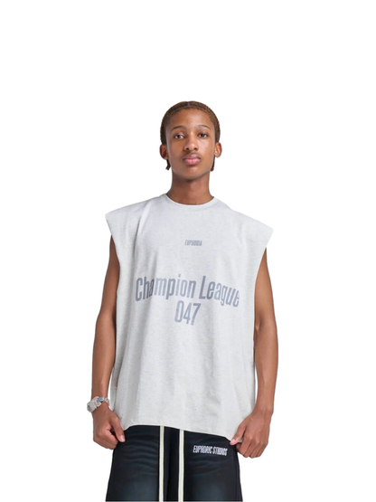 Euphoria grey toversized graphic vest at unseen grail. local brands south africa. streetwear. men and women. male model
