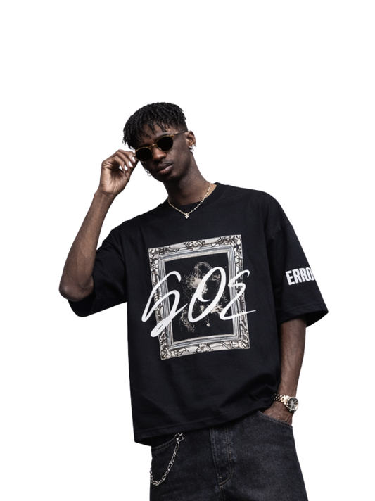 Gallery of errors black oversized graphic t shirt at unseen grail. local brands south africa. streetwear. men and women. studio image male model front