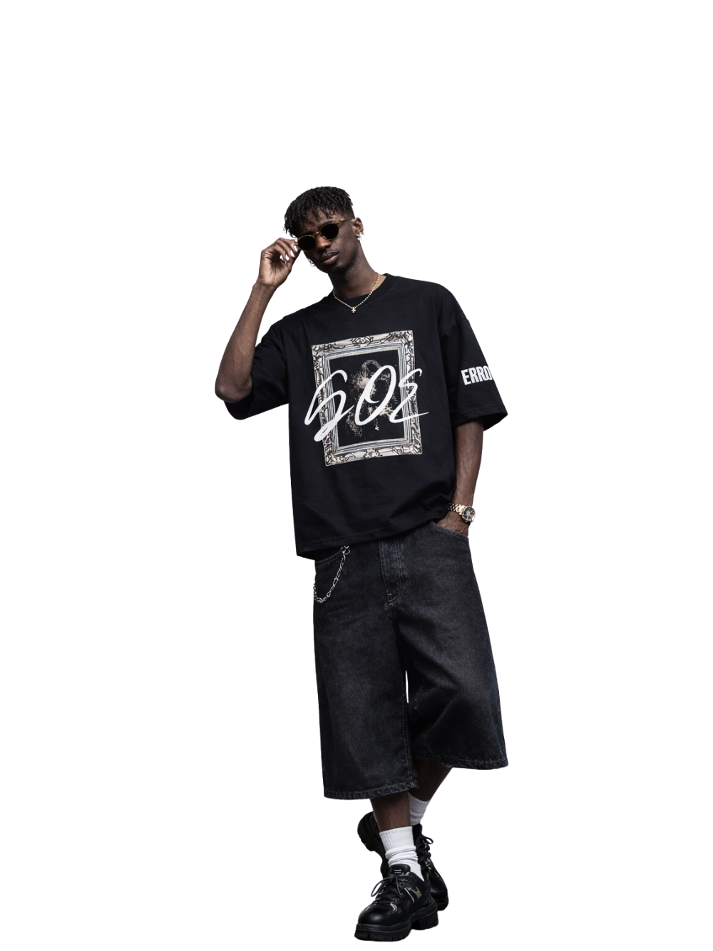 Gallery of errors black oversized graphic t shirt at unseen grail. local brands south africa. streetwear. men and women. studio image male model front full outfit