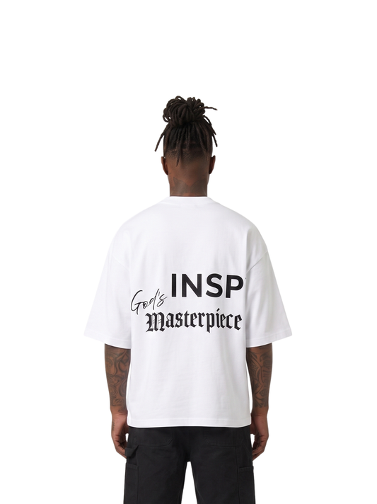 God inspired white oversized graphic t shirt at unseen grail. local brands south africa. streetwear. men and women. studio image male model back image