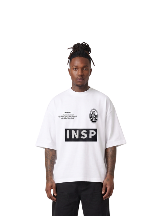 God inspired white oversized graphic t shirt at unseen grail. local brands south africa. streetwear. men and women. studio image male model front