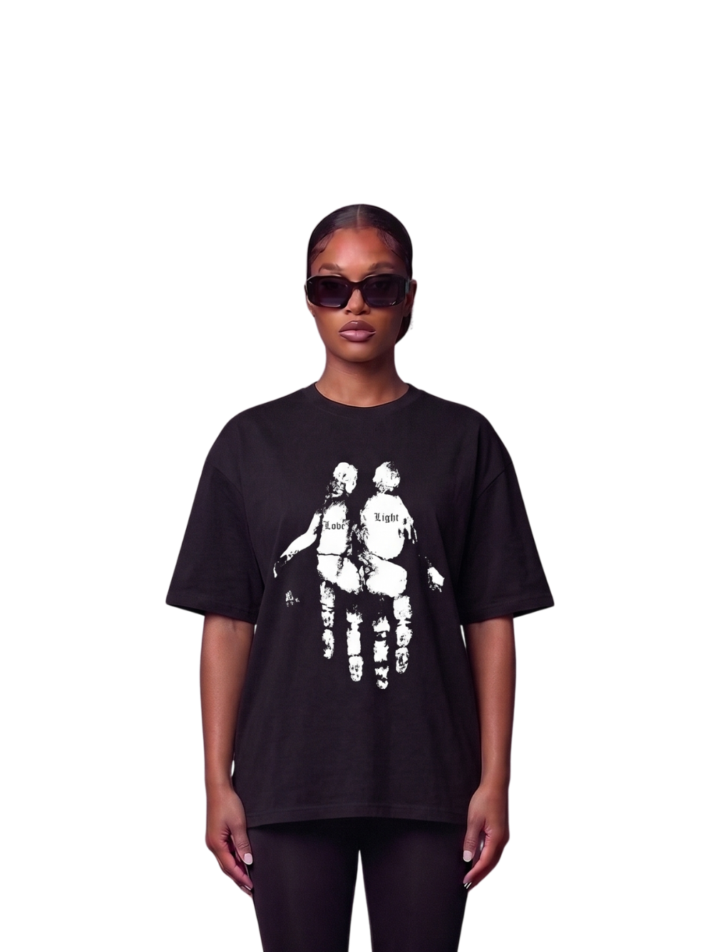 Godspeed black oversized graphic t shirt at unseen grail. local brands south africa. streetwear. men and women. female model front view. galxboy, bantu, el patron, drip