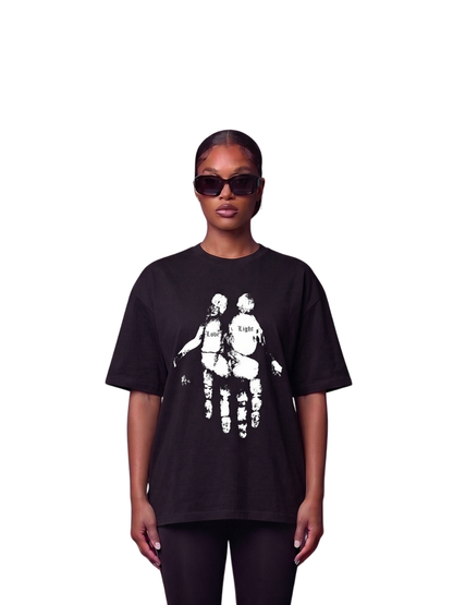 Godspeed black oversized graphic t shirt at unseen grail. local brands south africa. streetwear. men and women. female model front view. galxboy, bantu, el patron, drip